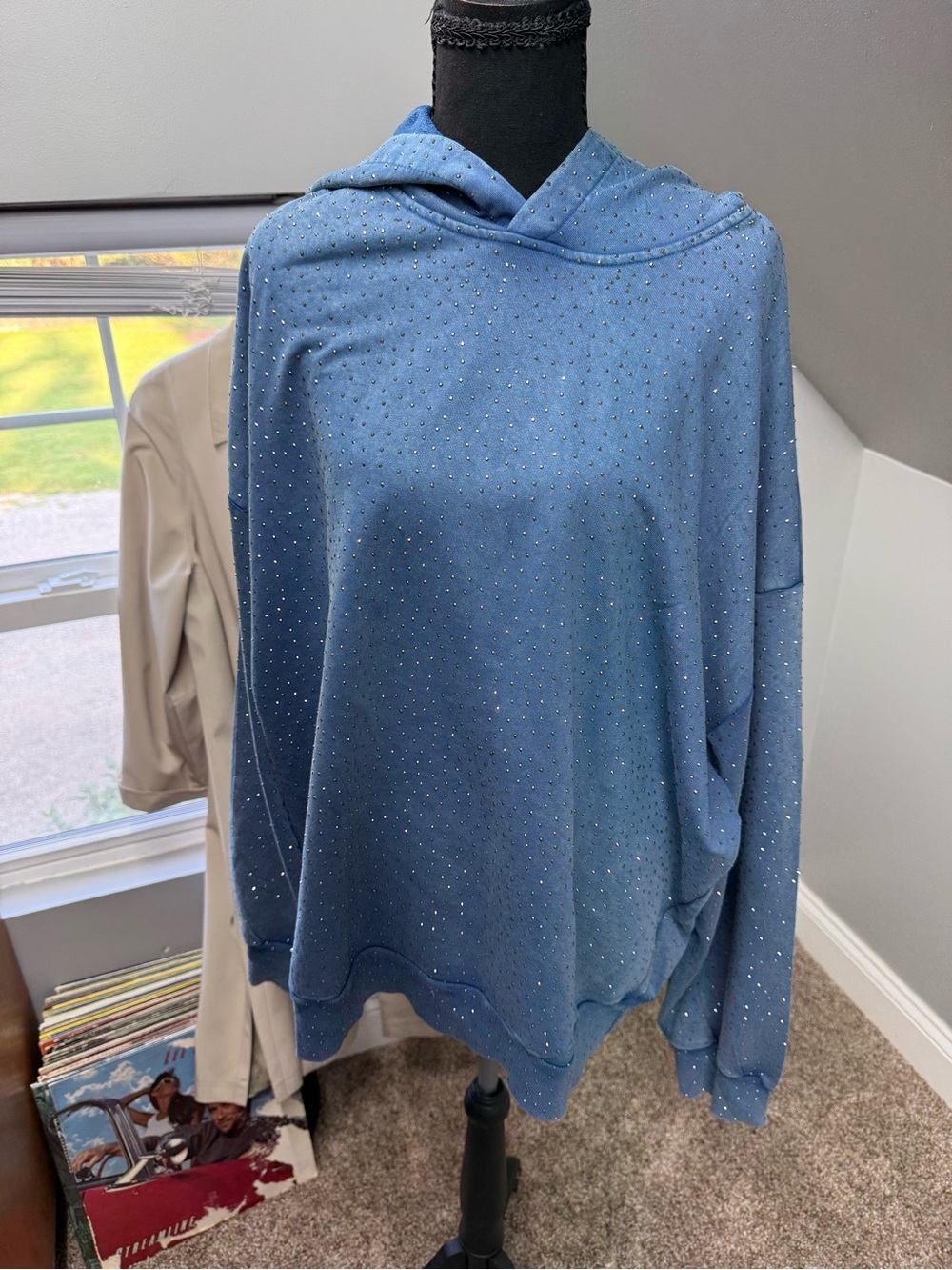 ROMWE Blue Hooded Rhinestone Sweatshirt